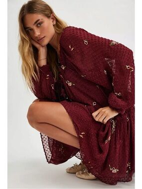 Free People Dainty Ethereal Billowy Garden Glory Mini Dress in Cabernet Large